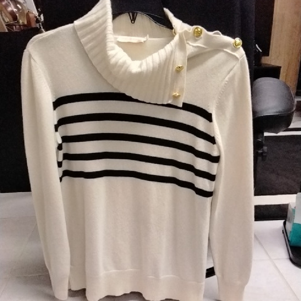 Tory Burch Black and White Striped Cowl Neck Sweater